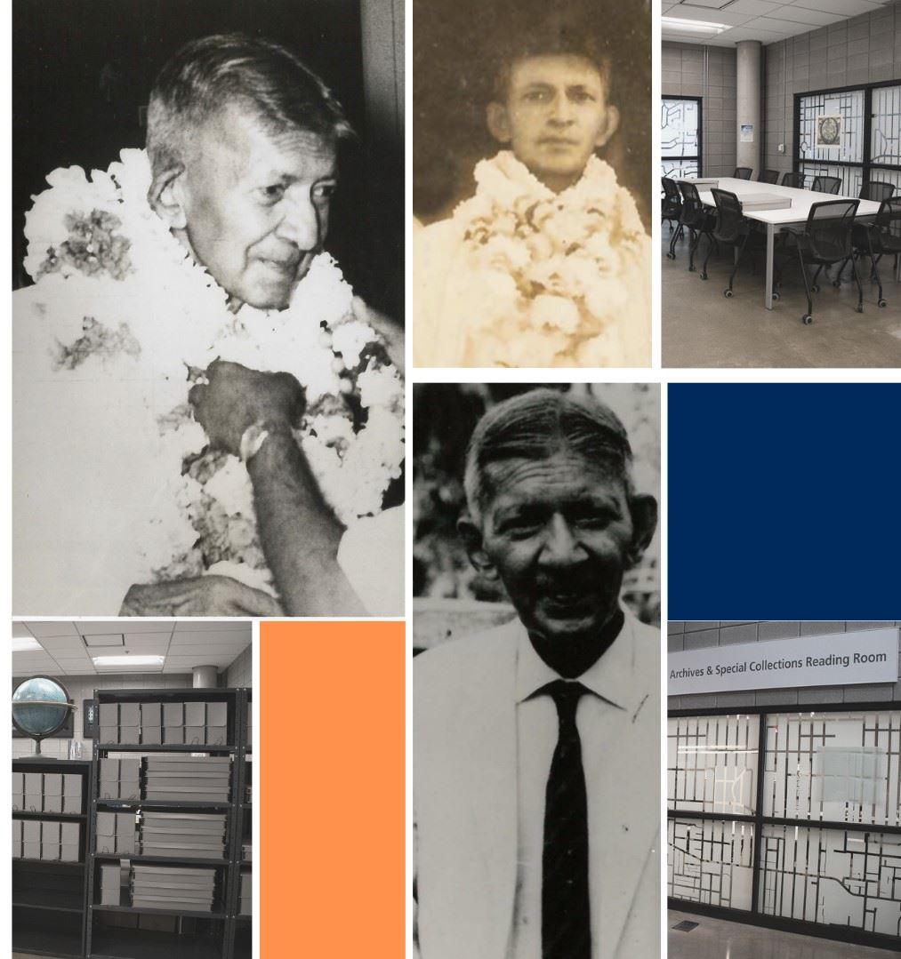 A collage of photographs of S.J.V. Chelvanayakam and archival spaces