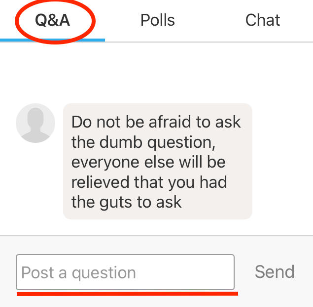 Screenshot of Whova web app Q&A tab circled and "Post a question" box underlined