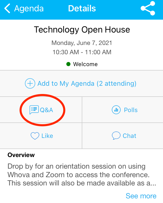 Screenshot of Whova mobile app session detail with the Q&A button circled