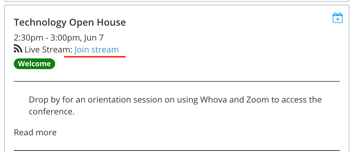 Screenshot of ACA 2021 schedule page session detail with "Join stream" underlined