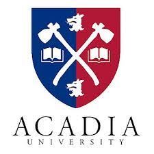 Logo Acadia University Blue and red shield, with books, wolves and axes. 