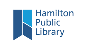 Logo for Hamilton Public Library, blue image and text. 