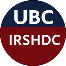Logo - UBC white letters on navy blue and Indian Residentail Schools History and Dialogue Centre on dark red background in a circle. 