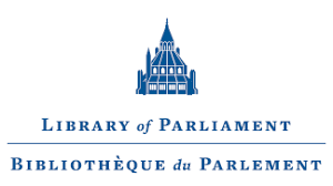 Logo - blue ink drawing of the roof of the Library of Parliament - French and English text - Bibliotheque du Parlement.