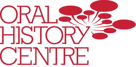 Logo red lettering, Oral History Centre - with dialogue bubbles flowing from the 'y'. 