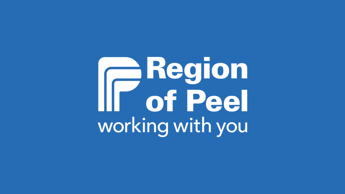 Region of Peel - working with you. Logo, white text and blue background. 
