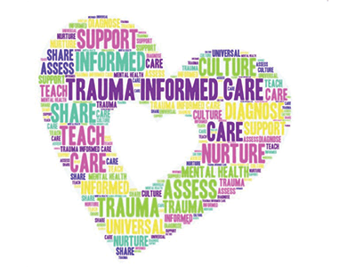 Word cloud in the formation of a heart that represents trauma informed practice. 
